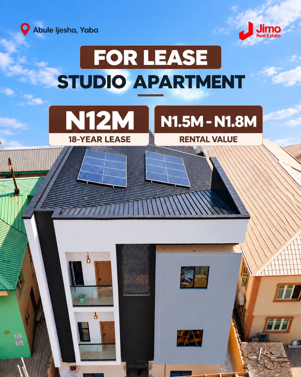 Flyer for the Abule Ijesha studio apartment lease with solar panels on the roof